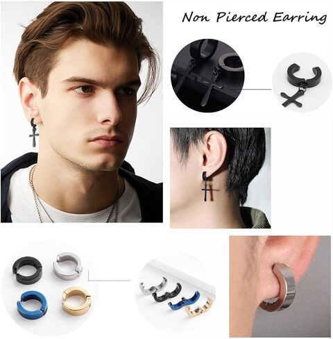 JEWPARK 16 زوجًا من الأقراط للرجال والنساء 316L من الفولاذ المقاوم للصدأ متدلية على شكل طوق على أقراط غير مثقوبة مجموعة أقراط تشيكوسلوفاكيا in Kuwait