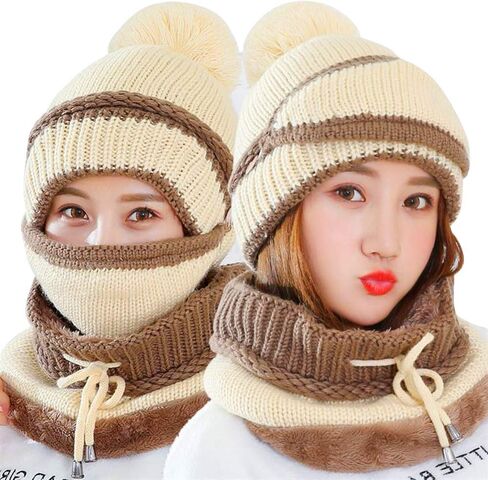 3 in 1 Warm Thick Knitted Beanie Hat Scarf and Mask Set Slouchy Snow Knit Cap Infinity Scarves for Women in Kuwait