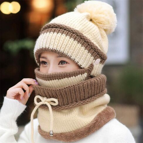 3 in 1 Warm Thick Knitted Beanie Hat Scarf and Mask Set Slouchy Snow Knit Cap Infinity Scarves for Women in Kuwait