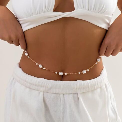 Zian Gold Plated Pearl Waist Chain Geometric Metal Chain Single Layer Body Chain Summer Beach Waist Sexy Waist Chain Adjustable in Saudi Arabia