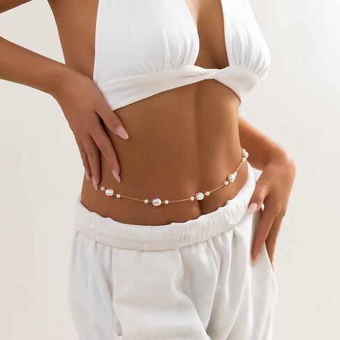 Zian Gold Plated Pearl Waist Chain Geometric Metal Chain Single Layer Body Chain Summer Beach Waist Sexy Waist Chain Adjustable in Saudi Arabia