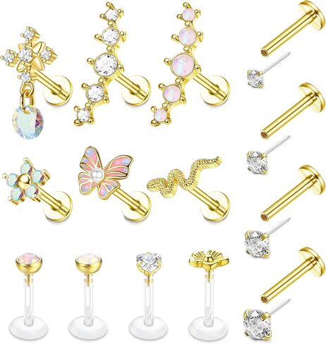 Fiasaso 14Pcs 16G Cartilage Earrings for Women Surgical Steel Dangle Butterfly Snake Cz Forwards Helix Earring Hoop Daith Conch Tragus Earrings Lip Rings Piercing Jewelry in Kuwait