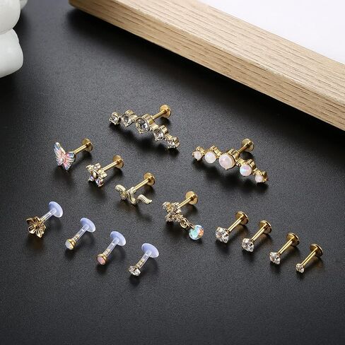 Fiasaso 14Pcs 16G Cartilage Earrings for Women Surgical Steel Dangle Butterfly Snake Cz Forwards Helix Earring Hoop Daith Conch Tragus Earrings Lip Rings Piercing Jewelry in Kuwait