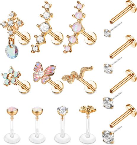 Fiasaso 14Pcs 16G Cartilage Earrings for Women Surgical Steel Dangle Butterfly Snake Cz Forwards Helix Earring Hoop Daith Conch Tragus Earrings Lip Rings Piercing Jewelry in Kuwait