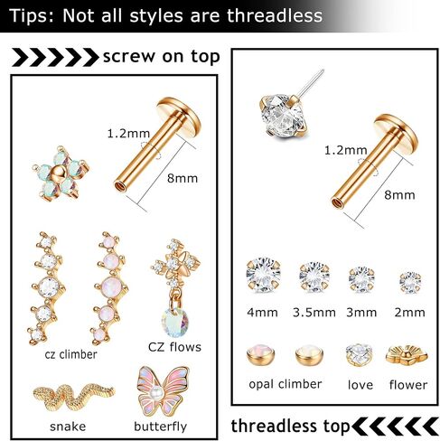 Fiasaso 14Pcs 16G Cartilage Earrings for Women Surgical Steel Dangle Butterfly Snake Cz Forwards Helix Earring Hoop Daith Conch Tragus Earrings Lip Rings Piercing Jewelry in Kuwait