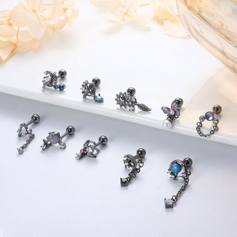JOERICA 16G Cartilage Earring for Women 316L Stainless Steel Butterfly Planet Snowflake CZ Dangle Cartilage Earring Helix Tragus Conch Stud Ear Piercing Jewelry in Saudi Arabia