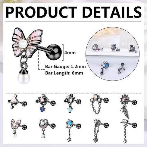 JOERICA 16G Cartilage Earring for Women 316L Stainless Steel Butterfly Planet Snowflake CZ Dangle Cartilage Earring Helix Tragus Conch Stud Ear Piercing Jewelry in Saudi Arabia