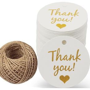 Thank You Tags,100pcs Black Round Paper Gift Wrap Hang Tags with 100 Feet Jute String for Wedding Baby Shower Birthday Party Favors in Kuwait