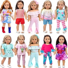 Ecore Fun 14 قطعة 18 بوصة ملابس الدمى فساتين الصيف ملابس غير رسمية Oufits Pjs لملابس الدمى للفتيات مقاس 18 بوصة مع مشابك الشعر هدية عيد ميلاد للأطفال