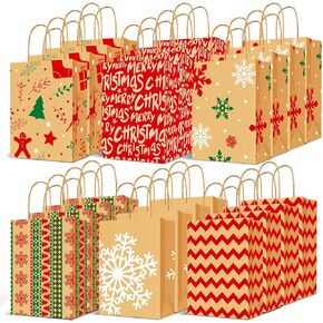 اكياس هدايا كرافت للكريسماس من لايون، 24 قطعة - شنطة هدايا ورقية للعطلات - حقائب هدايا الكريسماس بمقابض - حقائب هدايا حفلات الفصول الدراسية مع مطبوعات متنوعة in Kuwait