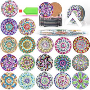 Tontut 18 pcs Diamond Painting Coasters with Holder ，DIY Diamond Art Mandala Coasters Diamond Painting Kits for Beginners, Art Craft Supplies for Adults, Home Table Decorations