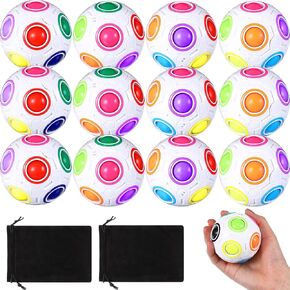 12 Pack Rainbow Puzzle Ball Magic Rainbow Ball with 2 Pcs Pouches Fidget Ball Toy for Boys and Girls Speed Cube Ball Funny Stress Reliever Ball for Kids Teen and Adults (White)