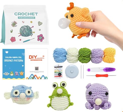 HDONYUi Crochet kit for Beginners，wobbles Crochet Animal kit, Step by Step Video Tutorial with Simple Yarn, Learn to Crochet kit for Adults and Children,Wobble kit(Octopus,Frog,Fish,Chick) in Saudi Arabia