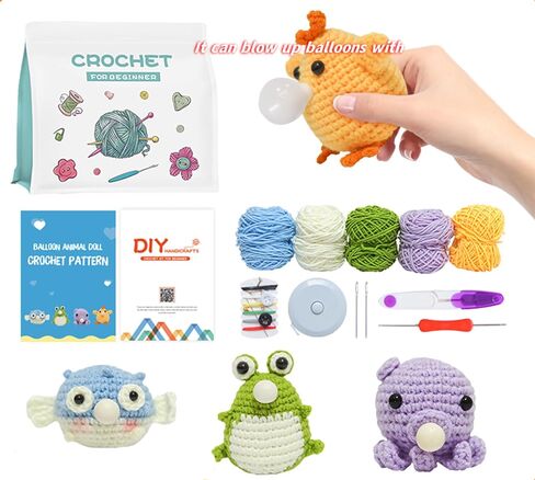 HDONYUi Crochet kit for Beginners，wobbles Crochet Animal kit, Step by Step Video Tutorial with Simple Yarn, Learn to Crochet kit for Adults and Children,Wobble kit(Octopus,Frog,Fish,Chick) in Saudi Arabia