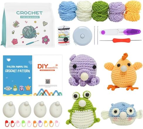 HDONYUi Crochet kit for Beginners，wobbles Crochet Animal kit, Step by Step Video Tutorial with Simple Yarn, Learn to Crochet kit for Adults and Children,Wobble kit(Octopus,Frog,Fish,Chick) in Saudi Arabia