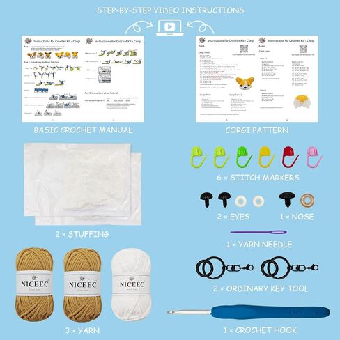 NICEEC Corgi Crochet Kit للمبتدئين مجموعة غزل الكروشيه الحيوانية لمجموعات المبتدئين مع دروس فيديو خطوة بخطوة للبالغين والأطفال - كاكي in Saudi Arabia