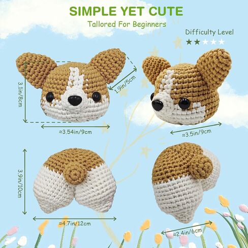 NICEEC Corgi Crochet Kit للمبتدئين مجموعة غزل الكروشيه الحيوانية لمجموعات المبتدئين مع دروس فيديو خطوة بخطوة للبالغين والأطفال - كاكي in Saudi Arabia