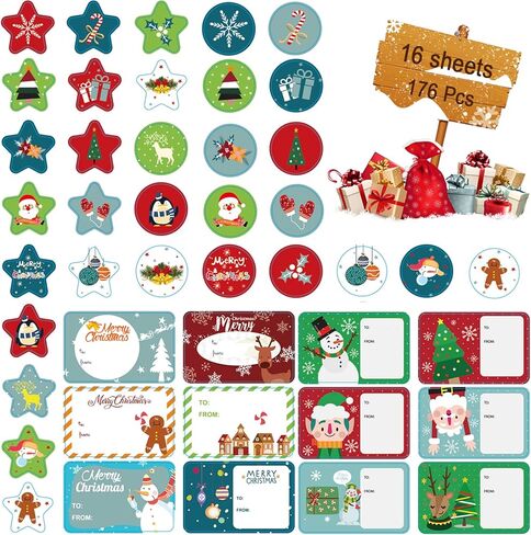176 قطعة من ملصقات علامات أسماء الكريسماس، ملصقات هدايا الكريسماس، ملصقات لشجرة عيد الميلاد والغزلان وديكور عطلة عيد الميلاد in Kuwait
