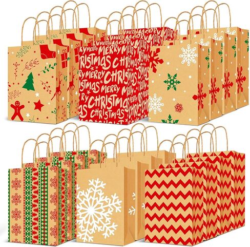 اكياس هدايا كرافت للكريسماس من لايون، 24 قطعة - شنطة هدايا ورقية للعطلات - حقائب هدايا الكريسماس بمقابض - حقائب هدايا حفلات الفصول الدراسية مع مطبوعات متنوعة in Kuwait