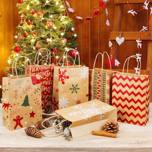 اكياس هدايا كرافت للكريسماس من لايون، 24 قطعة - شنطة هدايا ورقية للعطلات - حقائب هدايا الكريسماس بمقابض - حقائب هدايا حفلات الفصول الدراسية مع مطبوعات متنوعة in Kuwait