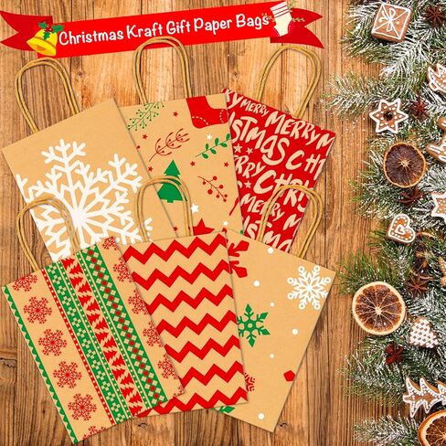 اكياس هدايا كرافت للكريسماس من لايون، 24 قطعة - شنطة هدايا ورقية للعطلات - حقائب هدايا الكريسماس بمقابض - حقائب هدايا حفلات الفصول الدراسية مع مطبوعات متنوعة in Kuwait