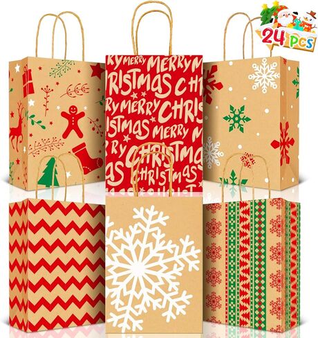 اكياس هدايا كرافت للكريسماس من لايون، 24 قطعة - شنطة هدايا ورقية للعطلات - حقائب هدايا الكريسماس بمقابض - حقائب هدايا حفلات الفصول الدراسية مع مطبوعات متنوعة in Kuwait