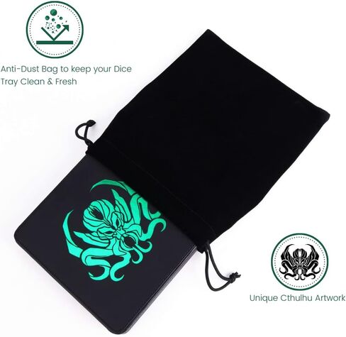 Guarida Dice - 7" Rolling Dice Tray with Strong Magnetic Lid and Rolling Surface - Ample Storage and Case Organizer for All Your Dice and Minis! Perfect for DND or Any Dice RPG Games - Green Cthulhu in Kuwait