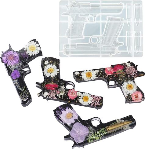 BICASUU Epoxy Resin Mould Gun Pistol Shell Bullet Silicone Casting Mold, 3D DIY Soft Clay Cake Decor Craft Candy Desserts Chocolate Tool, White in Kuwait