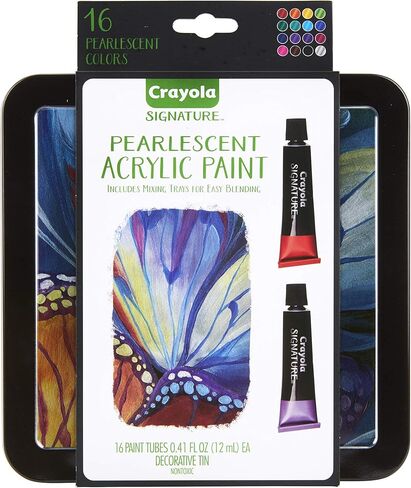 Crayola Pearlescent Acrylic Paints with Decorative Storage Tin, Gift for Adults, 16Count, 0.4 oz in Saudi Arabia