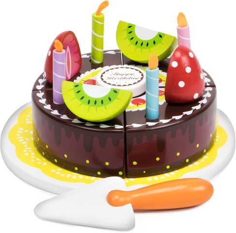 15 Piece Wood Happy Birthday Cake Set| Cake, Candles, Fruits, Serving Tool & Tray|Party Roleplaying for Kids| Chocolate Cake in Kuwait