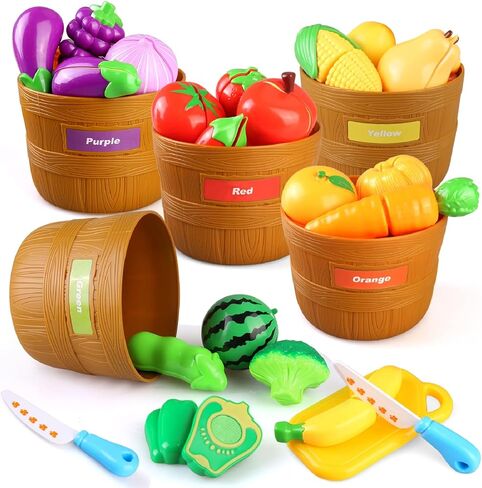 27 قطعة من لعبة تقطيع الطعام للمطبخ، مجموعة ألعاب فرز الألوان، مجموعة طعام تظاهرية للأطفال الصغار، تقطيع الخضروات والفواكه، مجموعة لعب المطبخ مع 5 سلال بوشل وإكسسوارات المطبخ للأطفال من سن 3 سنوات فما فوق in Kuwait