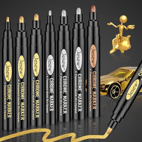Jesew 7 قطع من أقلام طلاء الكروم السائلة ذات المرآة السائلة، أقلام طلاء كروم عاكسة دائمة باللون الفضي والذهبي والوردي للإصلاح، أو طلاء النماذج، أو وضع العلامات أو المشاريع الفنية DIY، علامات معدنية شديدة اللمعان مقاومة للماء in Kuwait