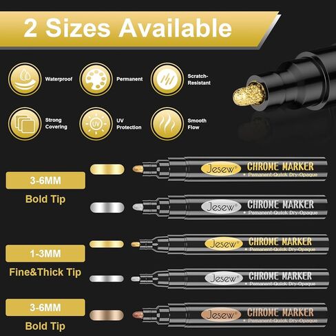 Jesew 7 قطع من أقلام طلاء الكروم السائلة ذات المرآة السائلة، أقلام طلاء كروم عاكسة دائمة باللون الفضي والذهبي والوردي للإصلاح، أو طلاء النماذج، أو وضع العلامات أو المشاريع الفنية DIY، علامات معدنية شديدة اللمعان مقاومة للماء in Kuwait