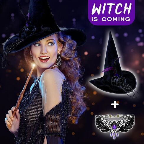 قبعة ساحرة Pseutio للنساء قبعة ساحرة سوداء للحفلات التنكرية، والحفلات ذات الطابع الشخصي، والكرنفالات in Kuwait