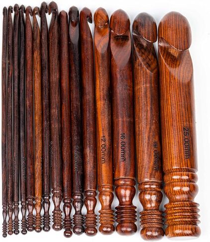 خطافات كروشيه فاخرة مصنوعة يدويًا بمقابض النجارة | مجموعة خطافات كروشيه 15 قطعة | خطاف كروشيه من خشب الورد | inanosa in Kuwait