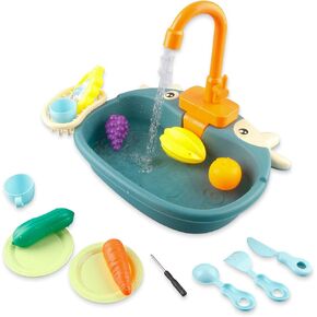 Ruibytree Play Sink with Running Water, Kitchen Sink Toys with Upgraded Electric Faucet, Pretend Play Utensils Accessories and Play Cutting Food for Kids Role Play Dishwasher Toy (Cute Frog)