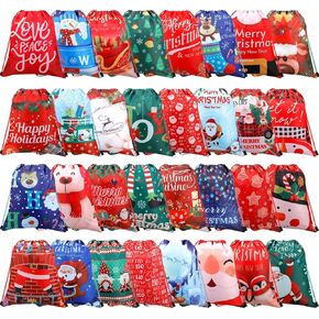Buryeah 32 Pieces Christmas Drawstring Gift Bags 13.7 x 11.8'' Santa Treat Bag Assorted Styles Wrapping Bag Reusable Xmas Snowman Tree Christmas Bags Bulk for Kids Holiday Party Favor Supplies Gifts in Saudi Arabia