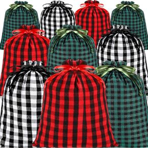 Zhengmy 30 Pcs Christmas Cotton Plaid Large Size Drawstring Bags Drawstring Storage Sack Present Stocking Storage Cotton Buffalo Plaid Christmas Drawstring Bag for Xmas Gift Party Favors(Normal)
