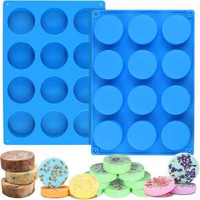 Palksky Soap Mold Silicone for Soap Making, (2pcs)12Cavity Large Round Lotion Bars Mold for Freshie Supplies/Shower Steamer (Blue)