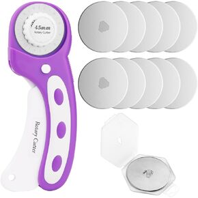 قاطعة دوارة، قاطعة دوارة 45 مم للنسيج، قاطعة قماش دوارة مع قفل أمان، تتضمن 10 شفرات بديلة إضافية 45 مم، أداة قطع دوارة مريحة لفنون خياطة اللحف (أرجواني) in Kuwait