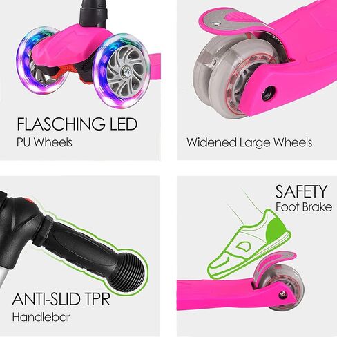 Kids Kick Scooter, 3 Wheeled Scooter for Kids, Child/Toddlers Toy, Adjustable Height, Anti-Slip Deck, Flashing Wheel Lights, for Boys/Girls 3-12 Year Old in Kuwait