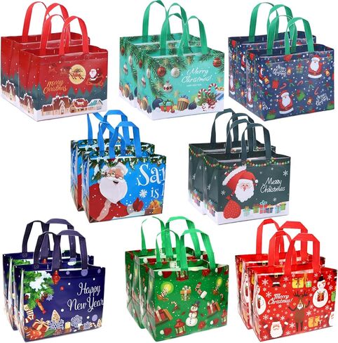 16 عبوة من اكياس هدايا الكريسماس، شنط كبيرة توت قابلة لاعادة الاستخدام مع مقبض، اكياس غير منسوجة لحفلات الكريسماس ورأس السنة الجديدة، تغليف التسوق 12.6 انش × 9.8 انش × 6.7 انش in Kuwait