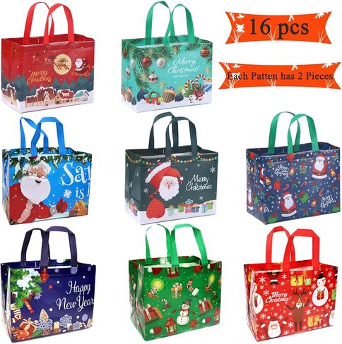 16 عبوة من اكياس هدايا الكريسماس، شنط كبيرة توت قابلة لاعادة الاستخدام مع مقبض، اكياس غير منسوجة لحفلات الكريسماس ورأس السنة الجديدة، تغليف التسوق 12.6 انش × 9.8 انش × 6.7 انش in Kuwait