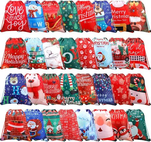 Buryeah 32 Pieces Christmas Drawstring Gift Bags 13.7 x 11.8'' Santa Treat Bag Assorted Styles Wrapping Bag Reusable Xmas Snowman Tree Christmas Bags Bulk for Kids Holiday Party Favor Supplies Gifts in Saudi Arabia
