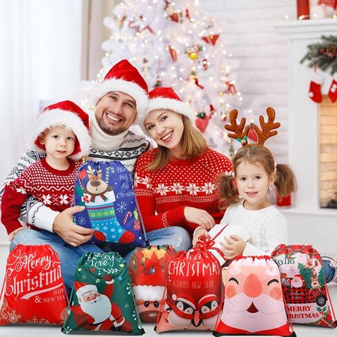 Buryeah 32 Pieces Christmas Drawstring Gift Bags 13.7 x 11.8'' Santa Treat Bag Assorted Styles Wrapping Bag Reusable Xmas Snowman Tree Christmas Bags Bulk for Kids Holiday Party Favor Supplies Gifts in Saudi Arabia