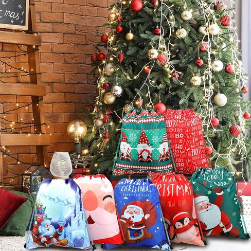 Buryeah 32 Pieces Christmas Drawstring Gift Bags 13.7 x 11.8'' Santa Treat Bag Assorted Styles Wrapping Bag Reusable Xmas Snowman Tree Christmas Bags Bulk for Kids Holiday Party Favor Supplies Gifts in Saudi Arabia