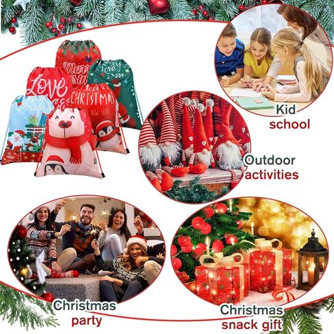 Buryeah 32 Pieces Christmas Drawstring Gift Bags 13.7 x 11.8'' Santa Treat Bag Assorted Styles Wrapping Bag Reusable Xmas Snowman Tree Christmas Bags Bulk for Kids Holiday Party Favor Supplies Gifts in Saudi Arabia