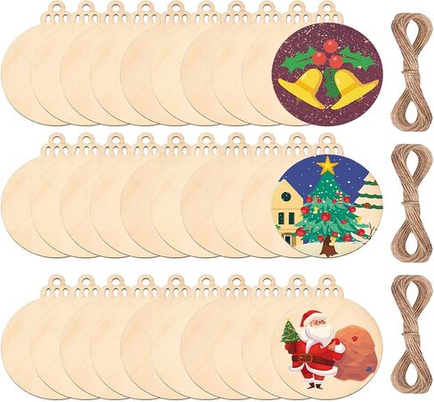 60Pcs Wood Slices,3.5" Wooden Christmas Ornaments,Unfinished Predrilled Wood Circles for Crafts Centerpieces,DIY Round Wooden Discs Hanging Decorations in Saudi Arabia