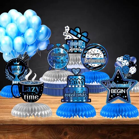 VANQOU 8PCS Retirement Party Decorations Retirement Party Centerpiece Honeycomb Glitter Blue Party Decorations for Happy Retirement Party Supplies for Men and Women in Kuwait