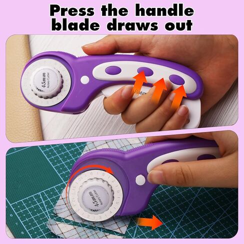 قاطعة دوارة، قاطعة دوارة 45 مم للنسيج، قاطعة قماش دوارة مع قفل أمان، تتضمن 10 شفرات بديلة إضافية 45 مم، أداة قطع دوارة مريحة لفنون خياطة اللحف (أرجواني) in Kuwait